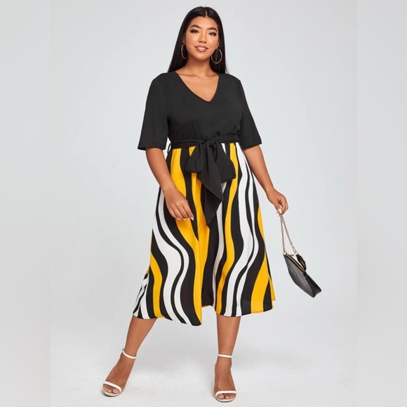 SHEIN Dresses & Skirts - NWOT Clasi Striped Self Tie A-Line Dress size 20 Yellow/Black/White